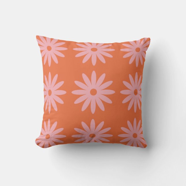 Retro Daisy Print in Pink and Orange Throw Pillow (Front)