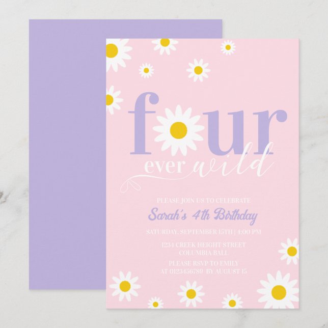Retro Daisy Purple Pink Groovy  4th Birthday Invitation (Front/Back)