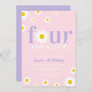 Retro Daisy Purple Pink Groovy 4th Birthday Invitation