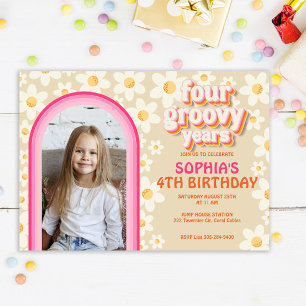 Retro Daisy Rainbow 4th Birthday Photo Invitation