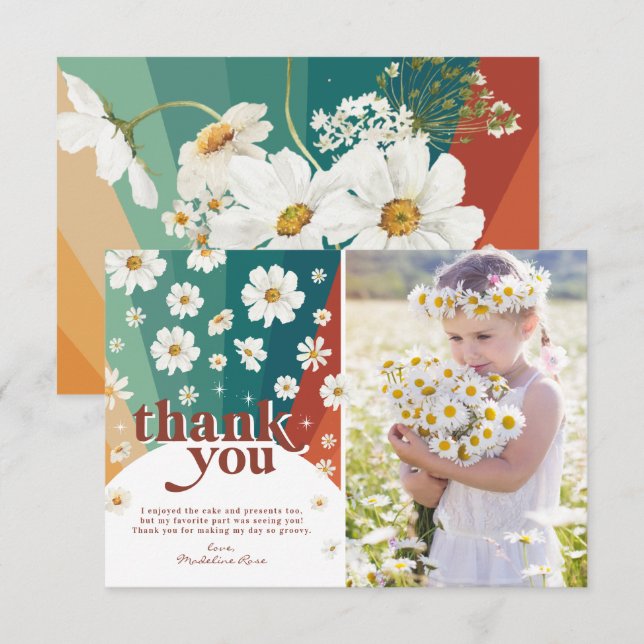 Retro Daisy Rainbow Birthday Thank You Card (Front/Back)