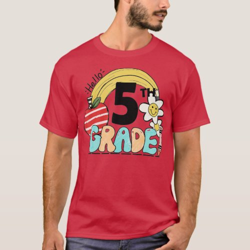 Retro daisy rainbow hello 5th grade Back To School T_Shirt