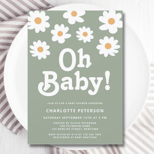 Retro Daisy Sage Green Baby Shower Invitation