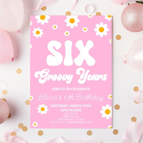 Retro Daisy Six Groovy Years 6th Birthday Party Invitation