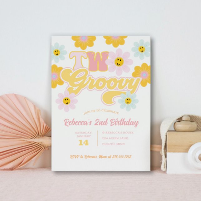 Retro Daisy Two Groovy Second  Birthday Invitation (Creator Uploaded)