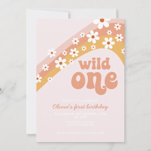 Retro daisy Wild One boho floral first birthday In Invitation