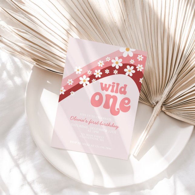 Retro daisy Wild One boho floral first birthday Invitation (Creator Uploaded)