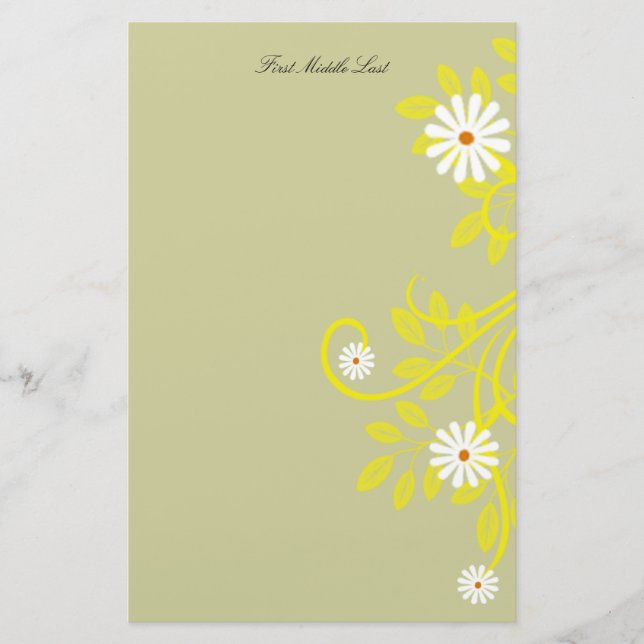 Retro Daisy Yellow Filigree Border Personalized Stationery (Front)