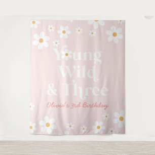 Retro Daisy Young Wild and Three Birthday Tapestry