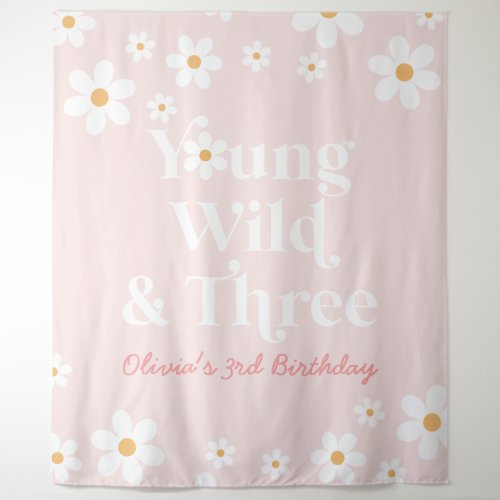 Retro Daisy Young Wild and Three Birthday Tapestry