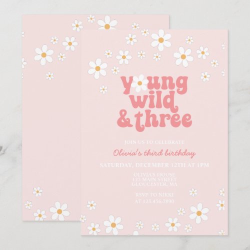 Retro Daisy Young Wild Three Floral 3rd Birthday Invitation
