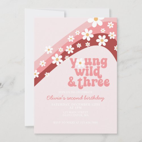 Retro daisy Young Wild Three floral third birthday Invitation