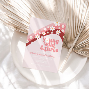 Retro daisy Young Wild Three floral third birthday Invitation