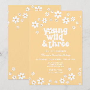 Retro Daisy Young Wild Three yellow 3rd birthday Invitation