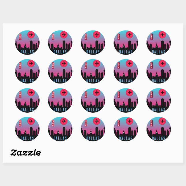 Retro Dallas City Texas Skyline Cityscape Souvenir Classic Round Sticker (Sheet)