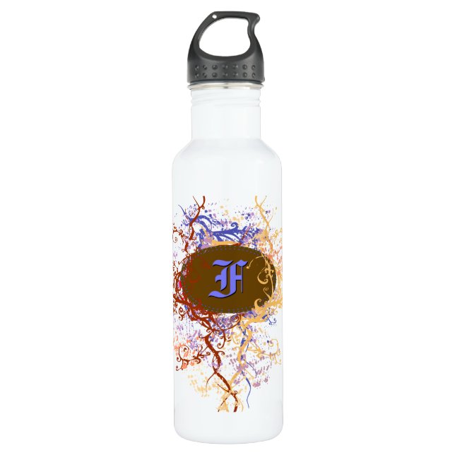 Retro Damask Pattern with Monogram Letter F Water Bottle (Front)