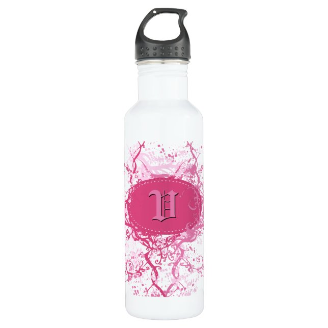 Retro Damask Pattern with Monogram Letter V Stainless Steel Water Bottle (Front)