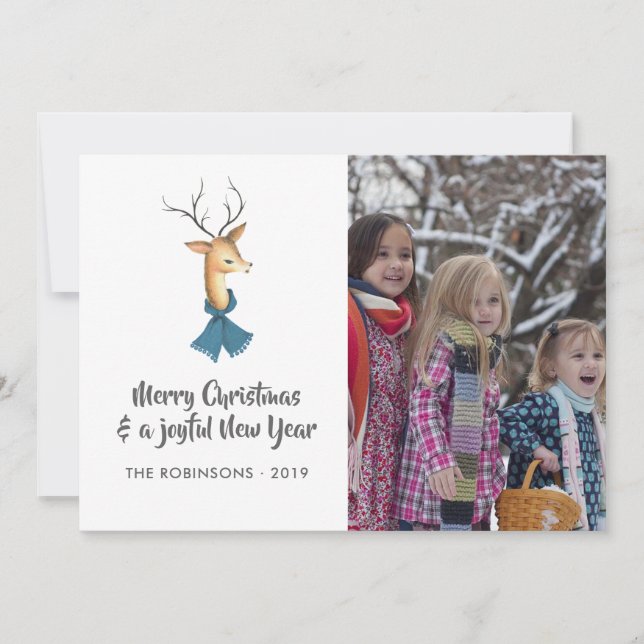 Retro Damask Reindeer Christmas Family Photo Holiday Card (Front)