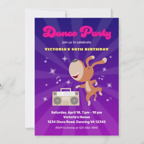 Retro Dance Disco Milestone 40th Birthday Dog Part Invitation