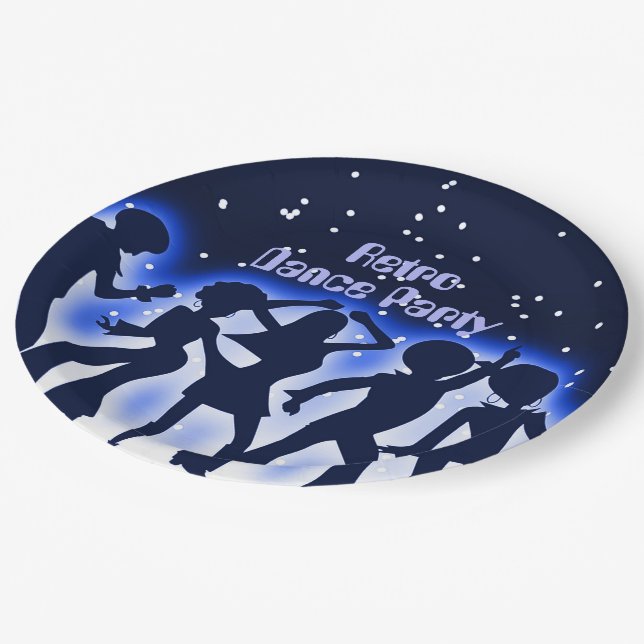 Retro Dance Party Blue Paper Plates (Angled)