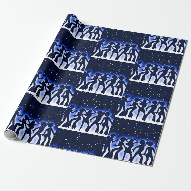 Retro Dance Party Blue Wrapping Paper (Unrolled)