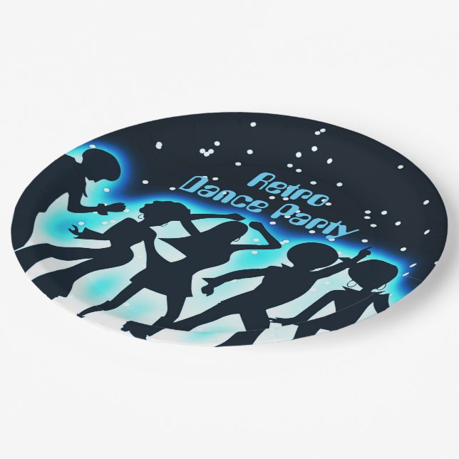 Retro Dance Party Teal Paper Plates (Angled)