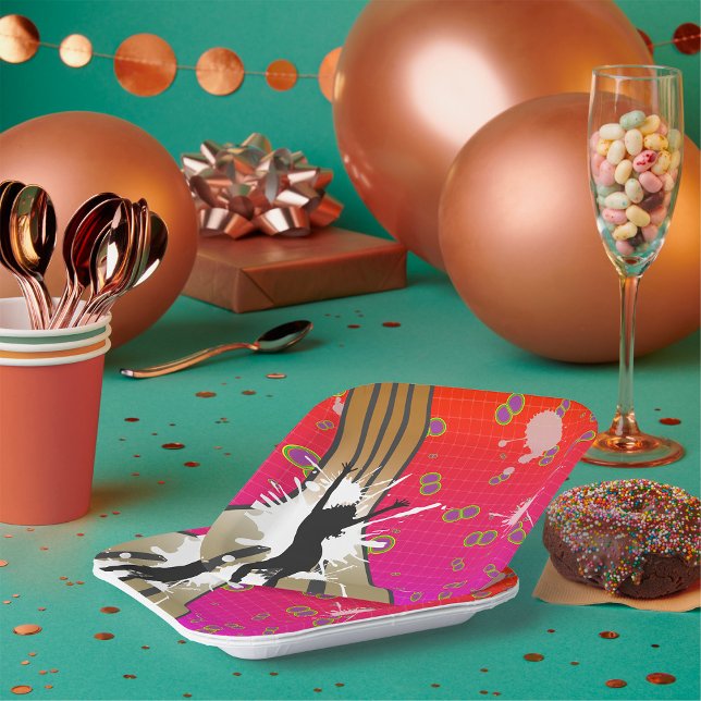 Retro Dance Silhouette Paint Splatter Circles Paper Plates (Creator Uploaded)