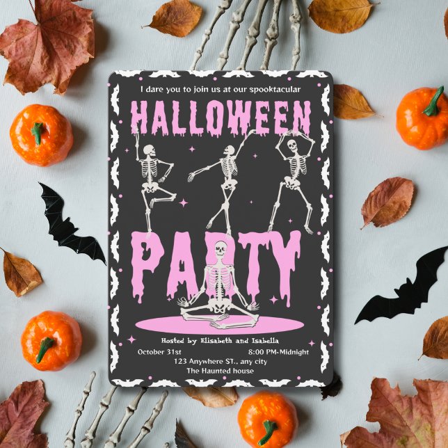 Retro Dancing Skeleton Pink+Black Halloween Party Invitation (Creator Uploaded)