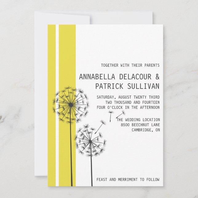 Retro Dandelions Yellow Minimalist Wedding Invitation (Front)