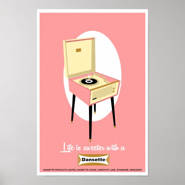 Retro Dansette pink record player Pop Art poster (Front)