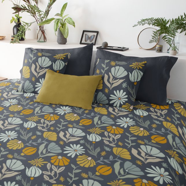 Retro Dark Blue Mustard Olive and Sage Wildflower Duvet Cover (Creator Uploaded)