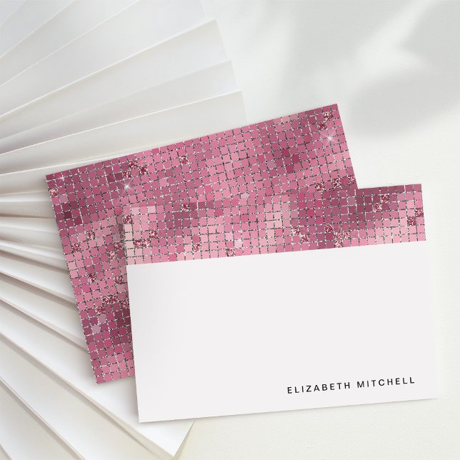 Retro Dark Pink Disco Ball Mirror | Monogram Note Card (Glam, disco-inspired note cards)