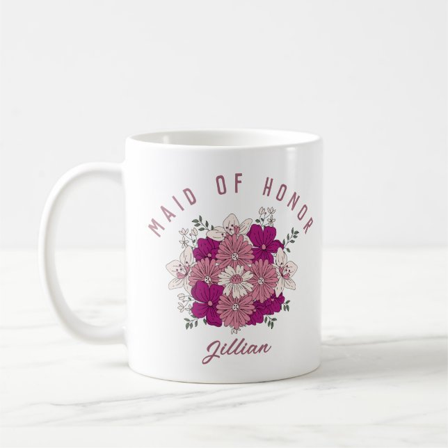 Retro Dark Pink Flower Custom Name Bridesmaid Mug (Left)