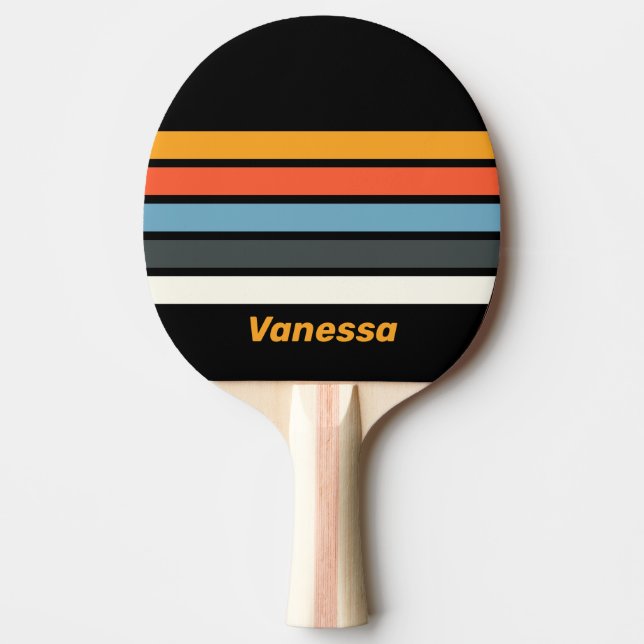 Retro Dark Rainbow Across Striping with Name Ping Pong Paddle (Front)