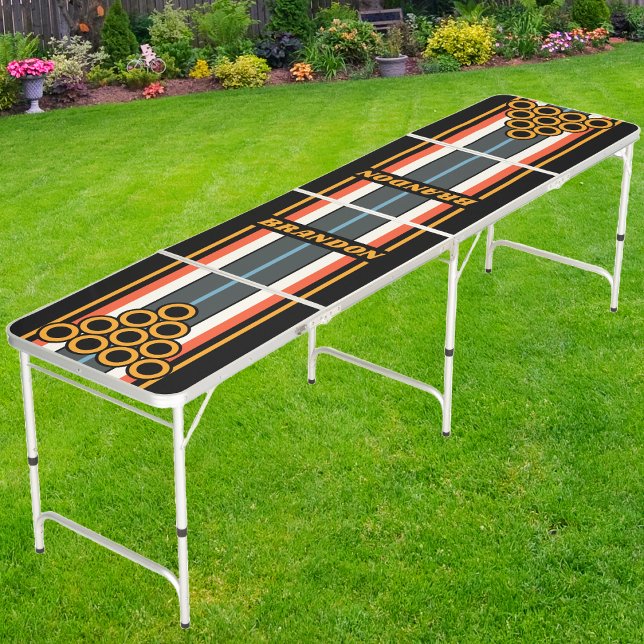 Retro Dark Rainbow Board Stripes with Name Beer Pong Table (Creator Uploaded)