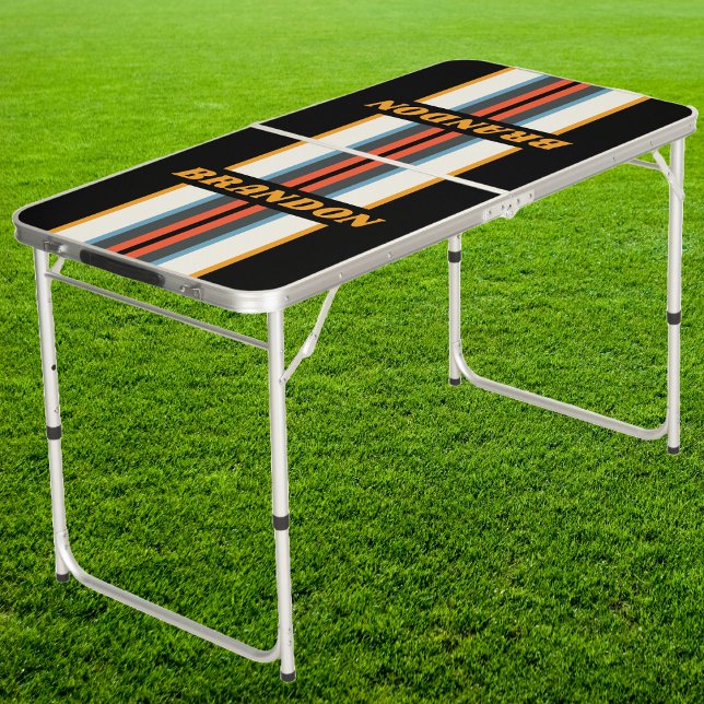 Retro Dark Rainbow Rally Stripe Name Tailgate Beer Pong Table (Creator Uploaded)