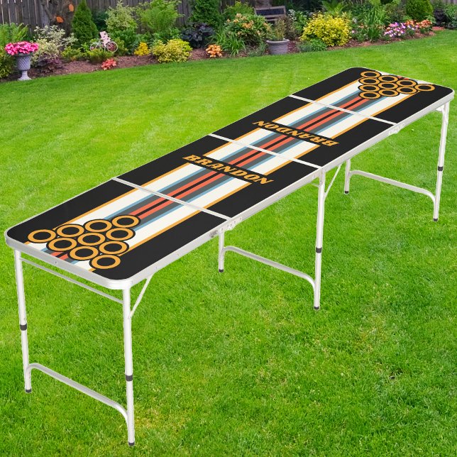 Retro Dark Rainbow Rally Stripes with Name Beer Pong Table (Creator Uploaded)