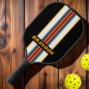 Retro Dark Rainbow Rally Stripes with Name Pickleball Paddle
