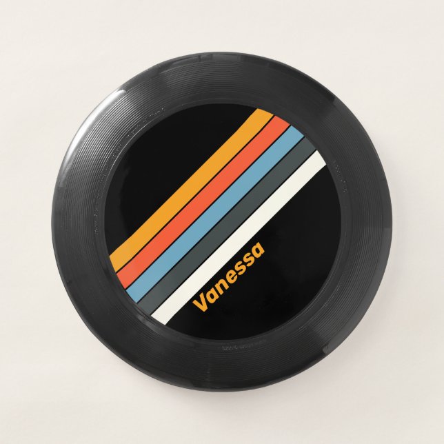 Retro Dark Rainbow Striped with Name Wham-O Frisbee (Front)
