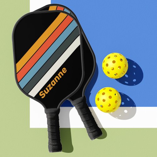 Retro Dark Rainbow with Name Pickleball Paddle