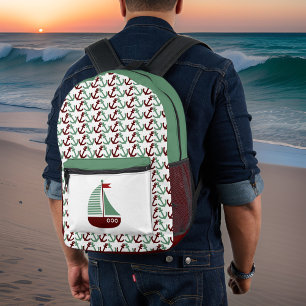 Retro Dark Red and Sage Sailboat Anchors Monogram Printed Backpack