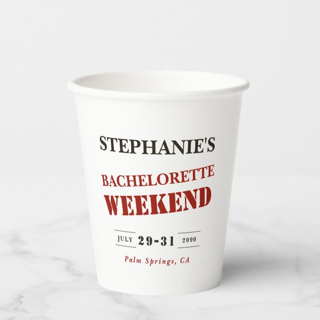 Retro Dark Red, Black & White Bachelorette Weekend Paper Cups (Front)
