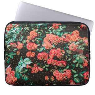 Retro Dark Red Roses Polka Dot Floral Pattern Laptop Sleeve