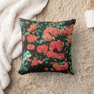 Retro Dark Red Roses Polka Dot Floral Pattern Throw Pillow