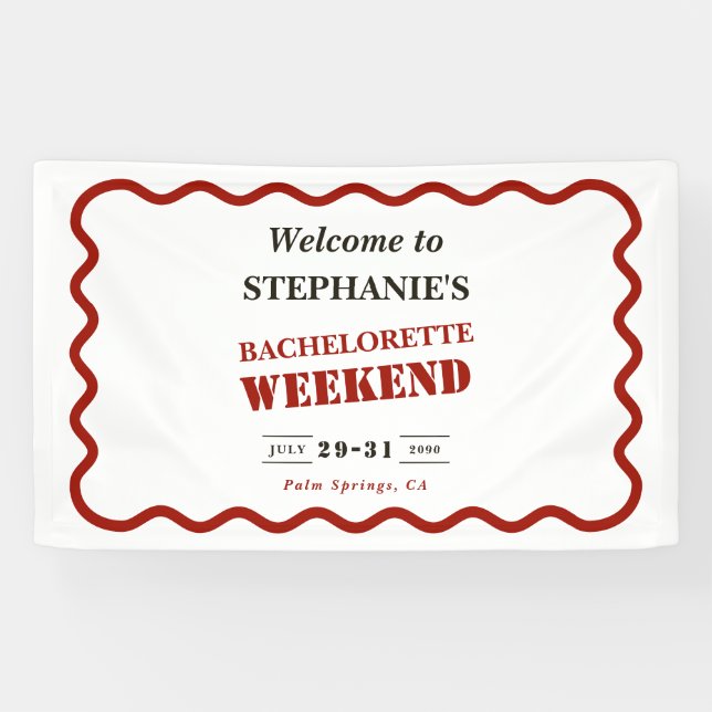 Retro Dark Red Wavy Border Bachelorette Weekend Banner (Horizontal)