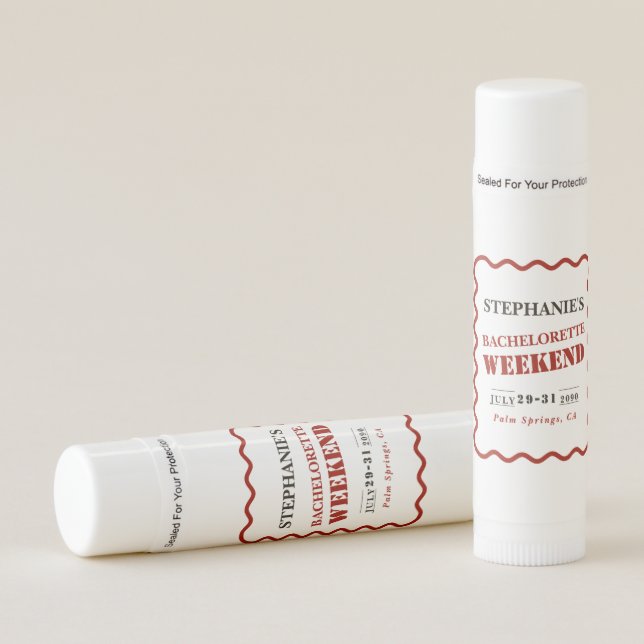 Retro Dark Red Wavy Border Bachelorette Weekend Lip Balm (Front)