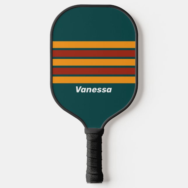 Retro Dark Teal Splash Across Striping with Name Pickleball Paddle (Front)