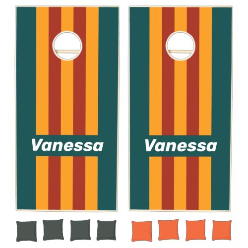 Retro Dark Teal Splash Pin Striped with Name Cornhole Set