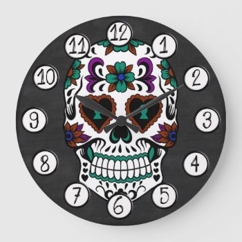 Retro Day Of The Dead Sugar Skull Large Clock by Funky_Skull at Zazzle