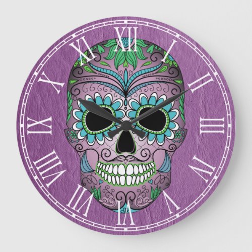 Retro Day of the Dead Sugar Skull on Leather Large Clock